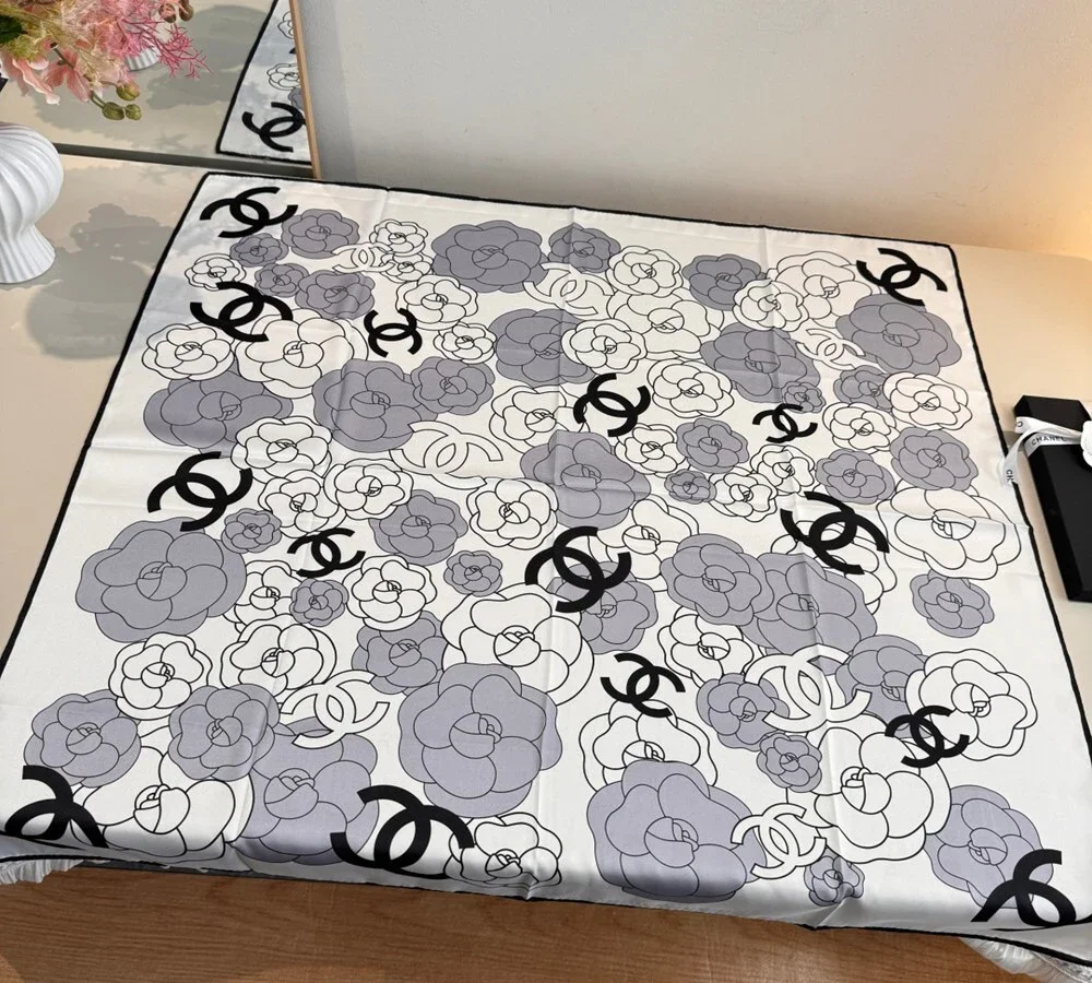 Chanel Camellia & CC Logo Silk Scarf